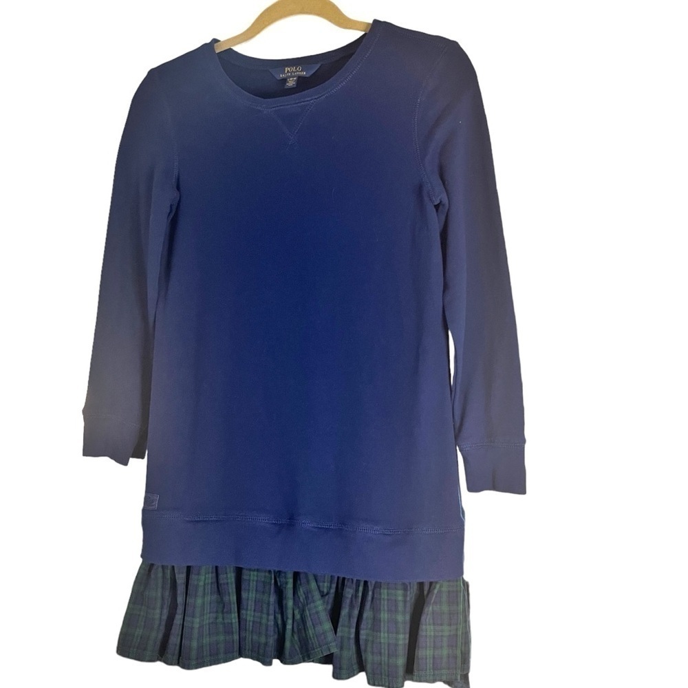 Polo by Ralph Lauren Navy Blue Sweatshirt Dress w/ Tartan Plaid Hem Sz 12/14